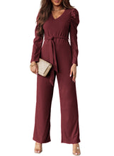 Load image into Gallery viewer, Belted Long Puff Sleeve V-Neck Jumpsuit
