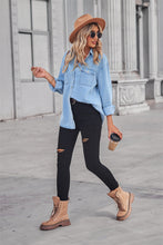 Load image into Gallery viewer, Collared Neck Dropped Shoulder Denim Top