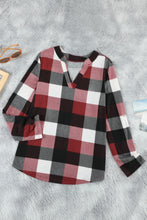 Load image into Gallery viewer, Plaid Split V-Neck Roll-Tab Top