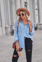 Load image into Gallery viewer, Collared Neck Dropped Shoulder Denim Top