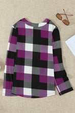 Load image into Gallery viewer, Plaid Split V-Neck Roll-Tab Top