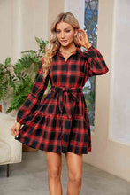 Load image into Gallery viewer, Plaid Print Tie Waist Collared Neck Shirt Dress