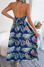 Load image into Gallery viewer, Botanical Print Tied Backless Cutout Slit Dress