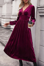 Load image into Gallery viewer, Lace Detail V-Neck Balloon Sleeve Midi Dress