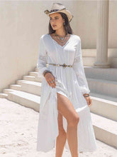 Load image into Gallery viewer, Tie Neck Long Sleeve Midi Tiered Dress
