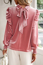 Load image into Gallery viewer, Tie Up Mock Neck Velvet Fabric Long Sleeve Blouse