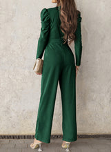 Load image into Gallery viewer, Belted Long Puff Sleeve V-Neck Jumpsuit
