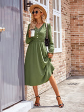 Load image into Gallery viewer, Buttoned V-Neck Flounce Sleeve Midi Dress