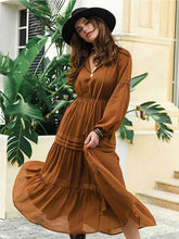 Load image into Gallery viewer, Tie Neck Long Sleeve Midi Tiered Dress