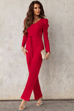 Load image into Gallery viewer, Belted Long Puff Sleeve V-Neck Jumpsuit
