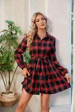 Load image into Gallery viewer, Plaid Print Tie Waist Collared Neck Shirt Dress