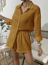 Load image into Gallery viewer, Dropped Shoulder Button Up Top and Elastic Waist Shorts Set
