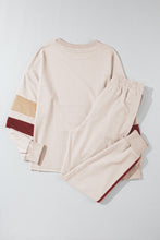 Load image into Gallery viewer, Striped Round Neck Sweatshirt and Drawstring Joggers Set
