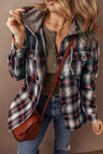 Load image into Gallery viewer, Drawstring Plaid Button Up Hooded Shacket
