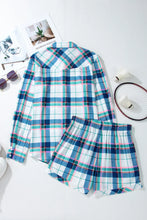 Load image into Gallery viewer, Plaid Snap Down Long Sleeve Top and Shorts Lounge Set
