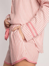 Load image into Gallery viewer, Striped Collared Neck Long Sleeve Top and Shorts Lounge Set
