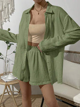 Load image into Gallery viewer, Dropped Shoulder Button Up Top and Elastic Waist Shorts Set
