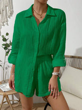 Load image into Gallery viewer, Dropped Shoulder Button Up Top and Elastic Waist Shorts Set
