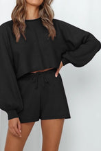 Load image into Gallery viewer, Round Neck Long Sleeve Top and Drawstring Shorts Lounge Set
