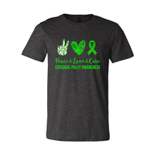 Load image into Gallery viewer, Peace, Love &amp; Cure (Cerebral Palsy Awareness) Unisex Jersey Tee
