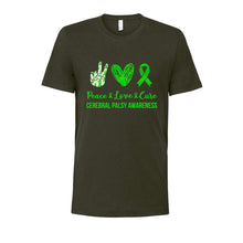 Load image into Gallery viewer, Peace, Love &amp; Cure (Cerebral Palsy Awareness) Unisex Jersey Tee
