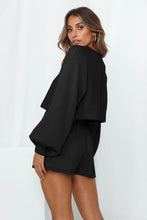 Load image into Gallery viewer, Round Neck Long Sleeve Top and Drawstring Shorts Lounge Set
