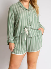Load image into Gallery viewer, Striped Collared Neck Long Sleeve Top and Shorts Lounge Set
