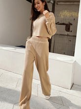 Load image into Gallery viewer, Waffle-Knit Round Neck Top and Pants Set
