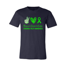Load image into Gallery viewer, Peace, Love &amp; Cure (Cerebral Palsy Awareness) Unisex Jersey Tee
