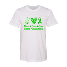 Load image into Gallery viewer, Peace, Love &amp; Cure (Cerebral Palsy Awareness) Unisex Jersey Tee
