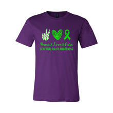 Load image into Gallery viewer, Peace, Love &amp; Cure (Cerebral Palsy Awareness) Unisex Jersey Tee
