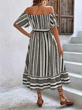 Load image into Gallery viewer, Printed Off-Shoulder Tie Belt Midi Dress
