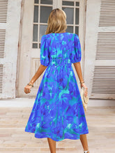 Load image into Gallery viewer, Ruched Printed Surplice Short Sleeve Dress
