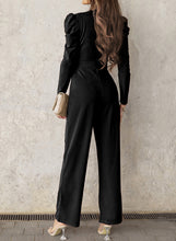 Load image into Gallery viewer, Belted Long Puff Sleeve V-Neck Jumpsuit
