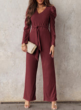 Load image into Gallery viewer, Belted Long Puff Sleeve V-Neck Jumpsuit
