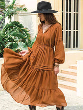 Load image into Gallery viewer, Tie Neck Long Sleeve Midi Tiered Dress
