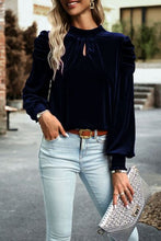 Load image into Gallery viewer, Tie Up Mock Neck Velvet Fabric Long Sleeve Blouse
