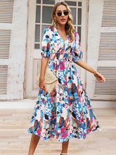 Load image into Gallery viewer, Ruched Printed Surplice Short Sleeve Dress
