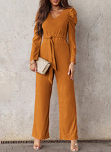 Load image into Gallery viewer, Belted Long Puff Sleeve V-Neck Jumpsuit
