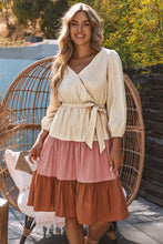 Load image into Gallery viewer, Color Block Belted Puff Sleeve Surplice Dress
