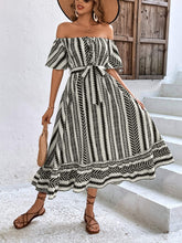 Load image into Gallery viewer, Printed Off-Shoulder Tie Belt Midi Dress
