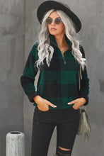 Load image into Gallery viewer, Plaid Zip Collar Plush Pullover Sweatshirt
