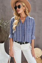 Load image into Gallery viewer, Striped V-Neck High-Low Shirt with Breast Pocket
