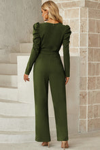 Load image into Gallery viewer, Belted Long Puff Sleeve V-Neck Jumpsuit
