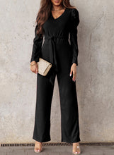 Load image into Gallery viewer, Belted Long Puff Sleeve V-Neck Jumpsuit
