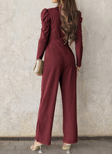 Load image into Gallery viewer, Belted Long Puff Sleeve V-Neck Jumpsuit
