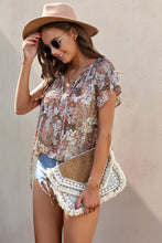 Load image into Gallery viewer, Floral Flutter Sleeve Tie-Neck Blouse
