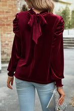Load image into Gallery viewer, Tie Up Mock Neck Velvet Fabric Long Sleeve Blouse
