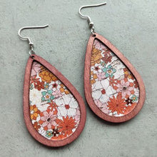 Load image into Gallery viewer, Floral Wood Teardrop Earrings
