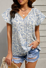 Load image into Gallery viewer, Floral Flutter Sleeve Tie-Neck Blouse
